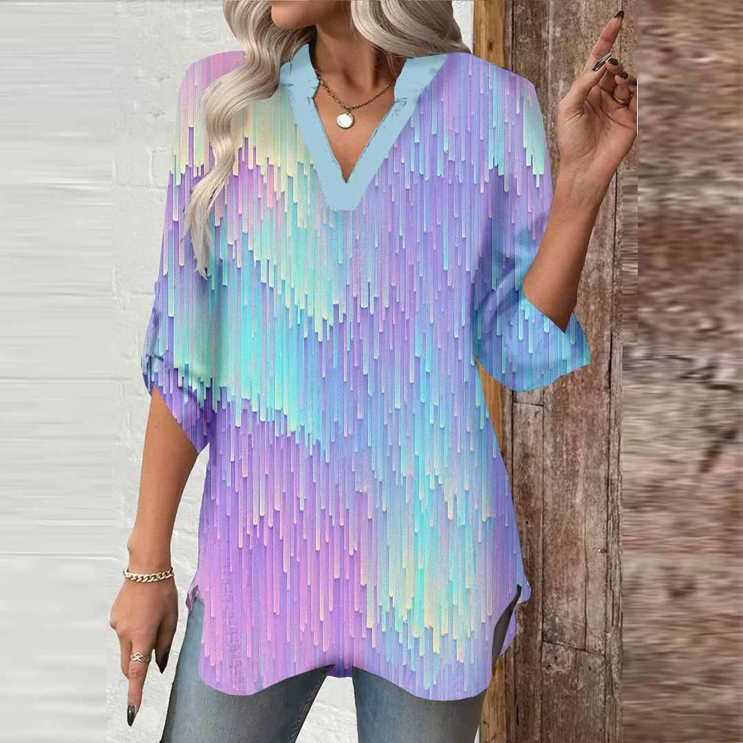 Women Shiny, Purple DZGA0356 3/4 Sleeve V-neck Printed Graphic Button Tops