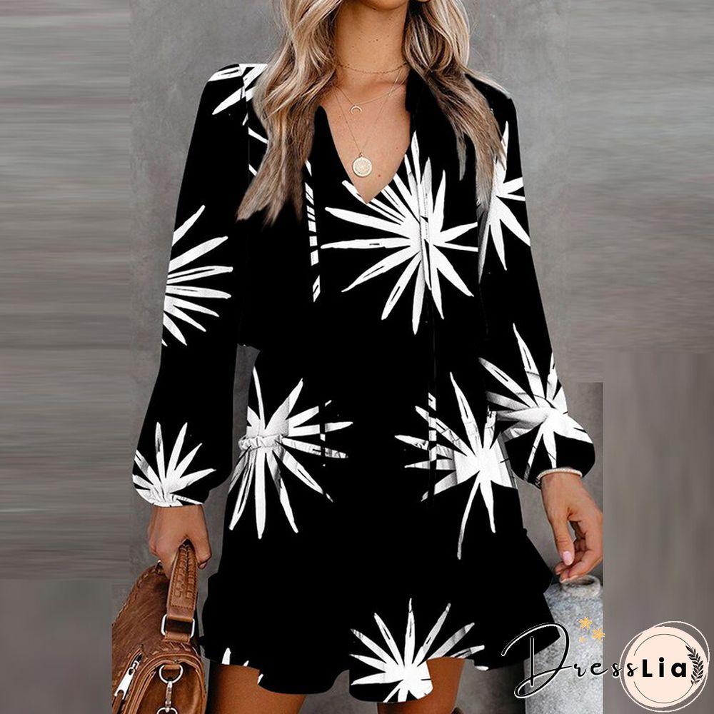 Vintage Floral Printed Mini Dress Women Casual Long Sleeve V Neck Lace-up Early Autumn Dress Fashion Loose Waist Ruffle Dresses