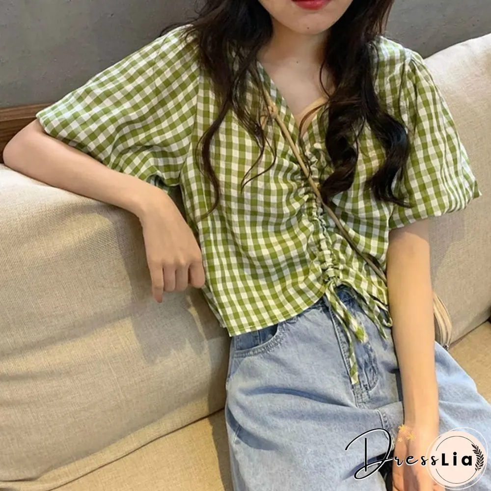 T-Shirts Womens Summer Crop Tops Plaid V-Neck Lantern Sleeve 2Xl Drawstring Slim Chic