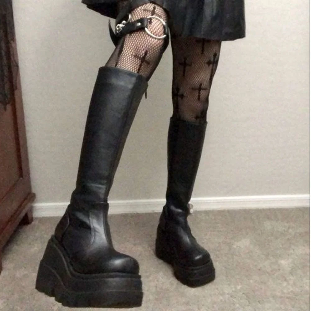 BONJOMARISA 2021 Band Goth Platform Wedges Punk Chunky Mid Calf Boots Women Thick Heel Autumn Trendy Cosplay Casual Shoes Women
