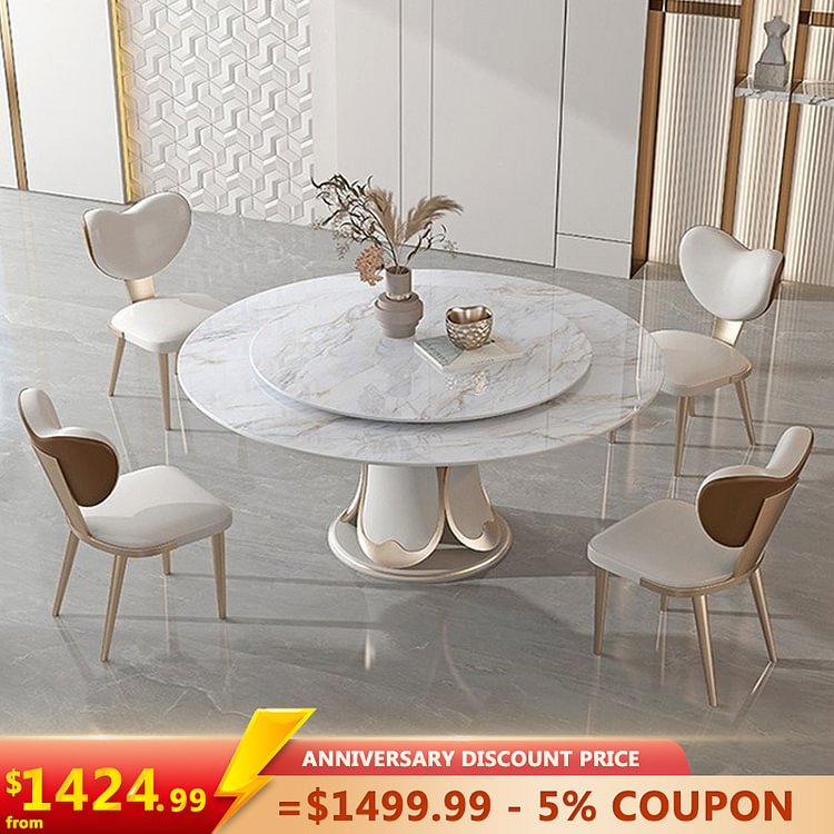 Homemys Modern Round Sintered Stone Dining Table with Lotus Style Base