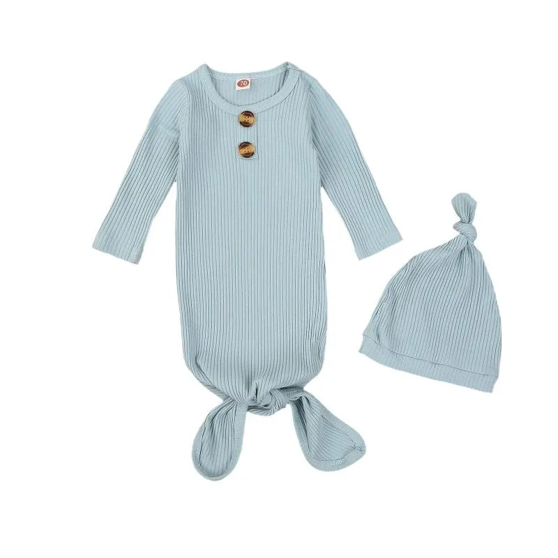 Fashion Solid Color Baby Quilt and Hat Long Sleeve Newborn Wrap Comfort Ribbed Sleeping Bag & Cap Set