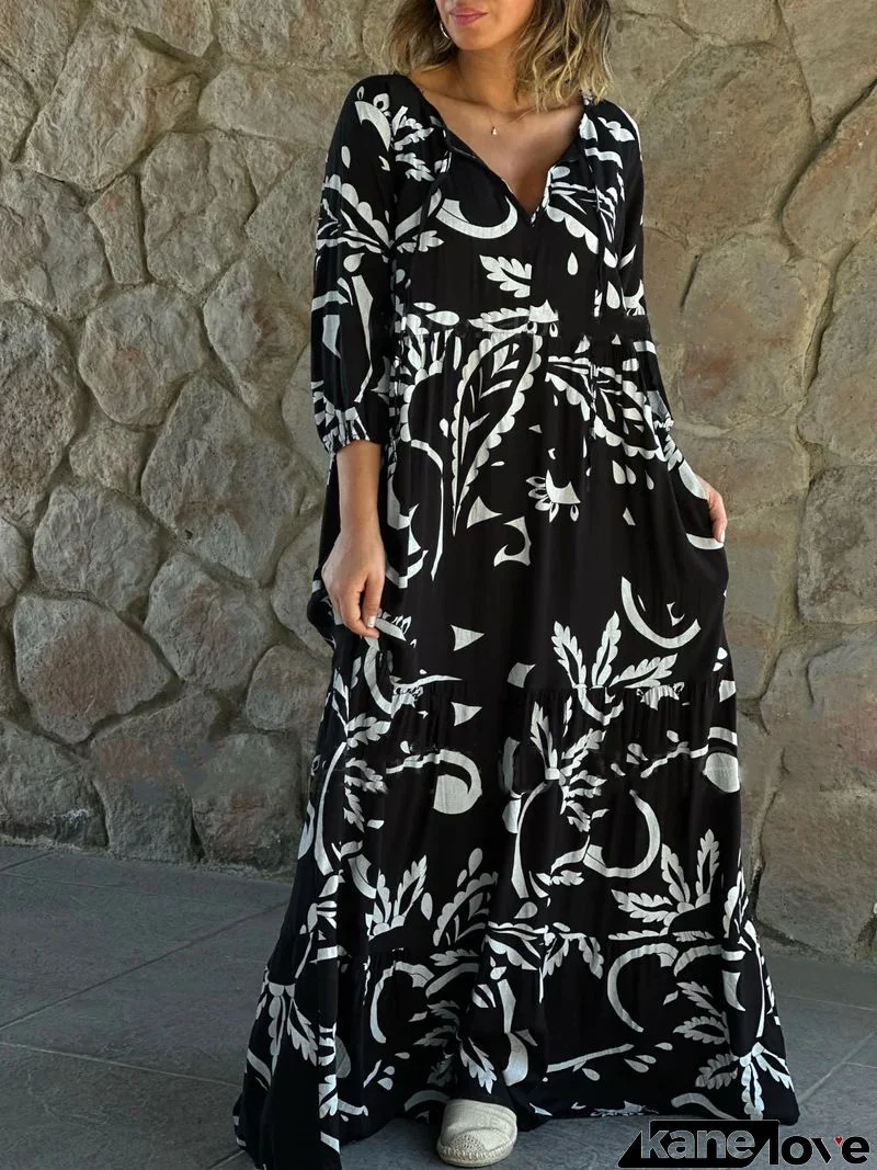 Women Casual Loose Graphic Printed V-Neck Plus Size Dress