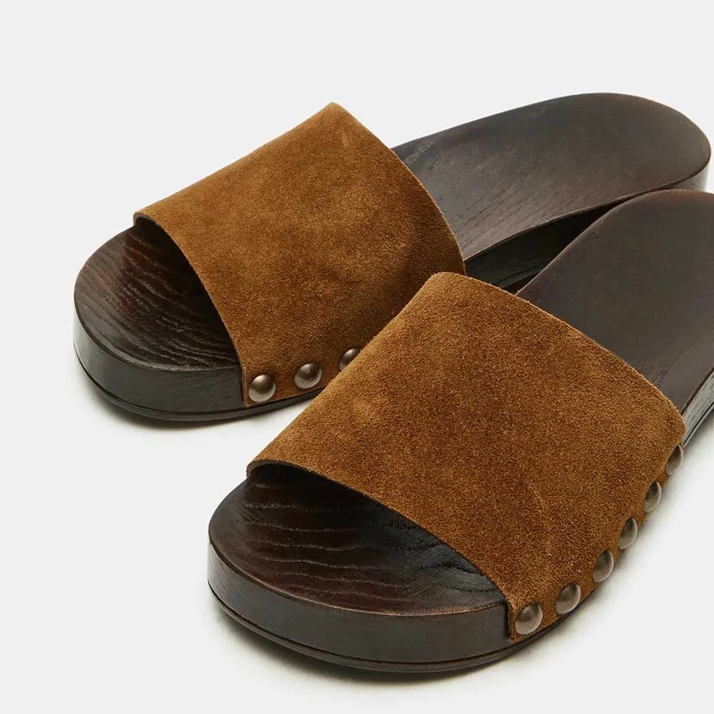 Women's Brown Vegan Suede Round Toe Chunky Heel Studded Slides Shoes