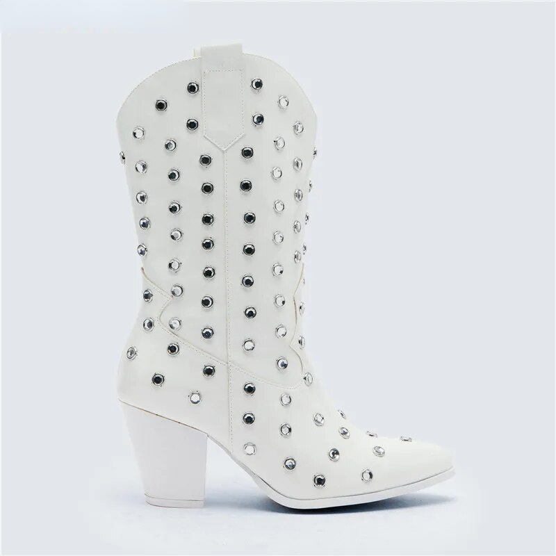 VCSHOES White Gem Women Mid Calf Boots Rhinestone Chunky Heels Cowboy Cowgirl Boots Pointed High Heels Womens Shoes