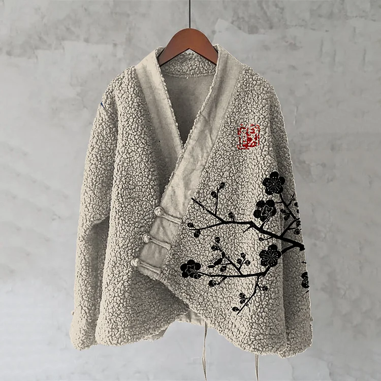 Magnolia Japanese Lino Floral Art Cozy Fleece Kimono Cardigan