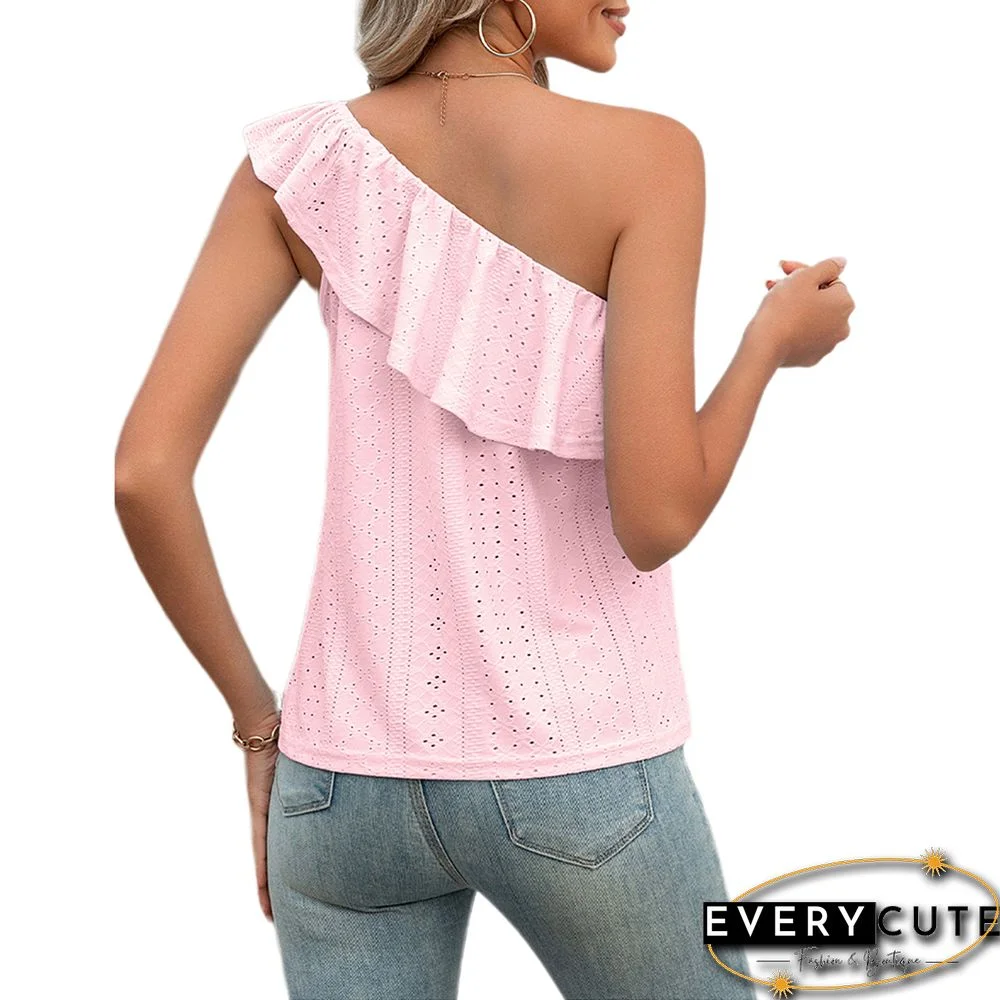 Pink Ruffled One Shoulder Tank Tops
