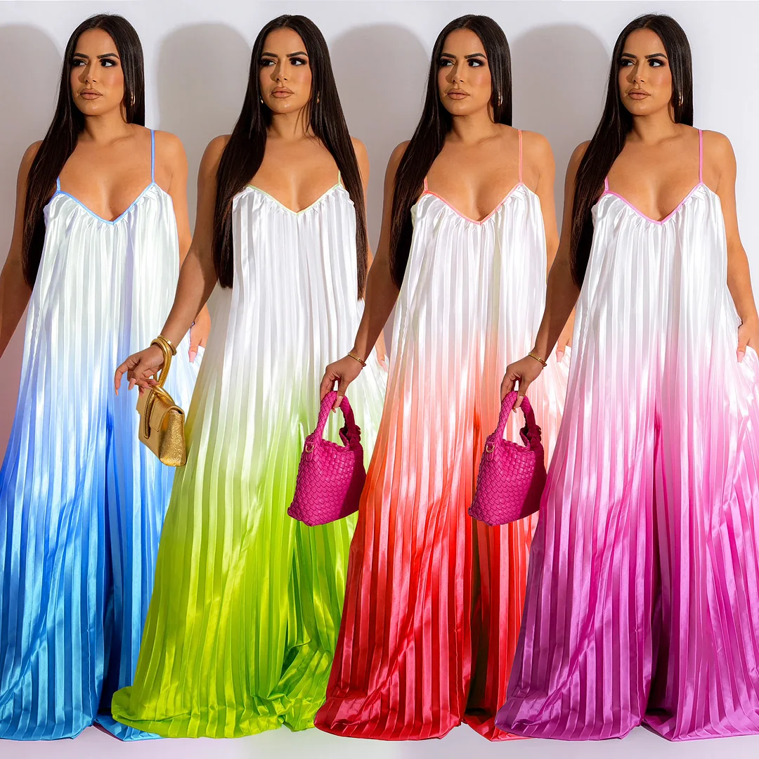 Deep V Suspenders Open Back Wide Leg Pants Gradient Jumpsuit | IFYHOME