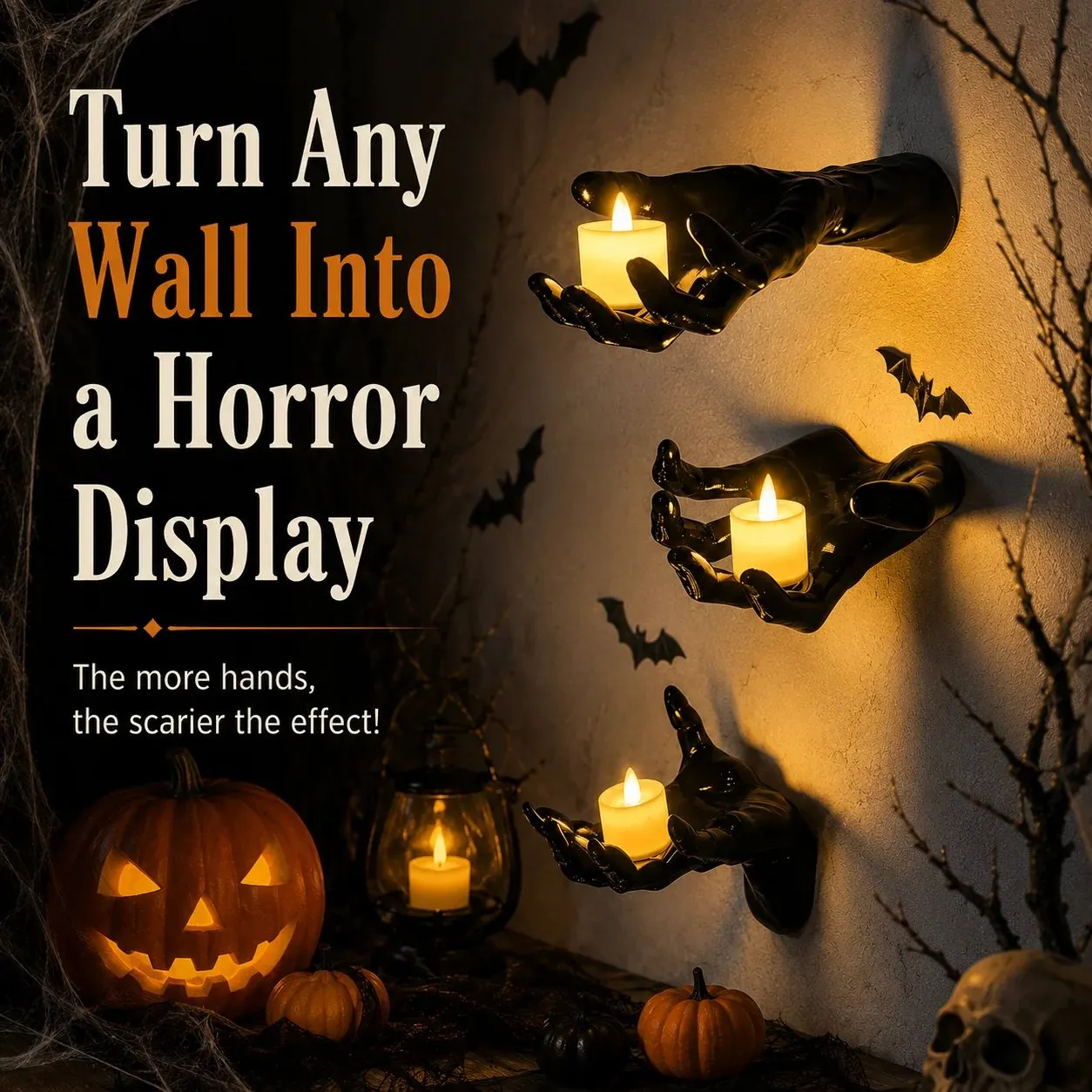 Three gothic Halloween hands arranged as a complete wall display