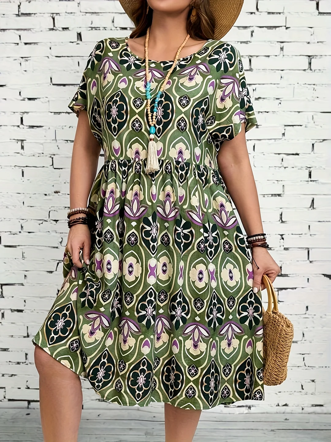 Elegant Women's Plus Size Spring Short Sleeve Floral Print A-Line Dress | IFYHOME