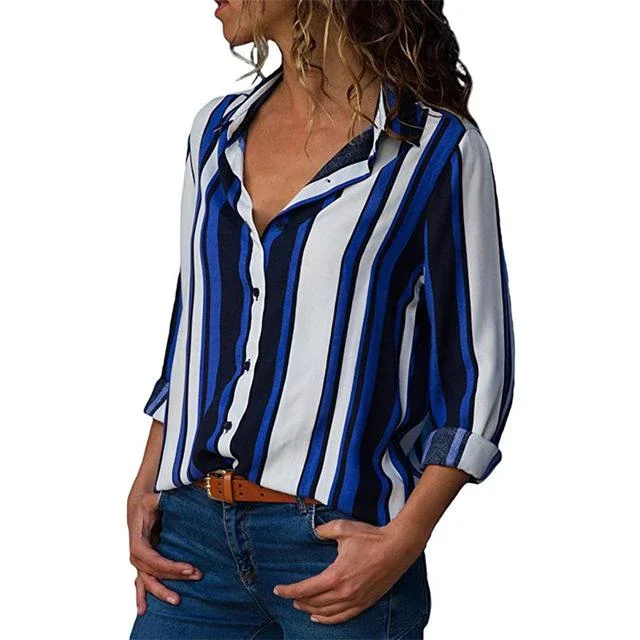 Women Color Block Striped Shirt Elegant Casual Long Sleeve Blouse