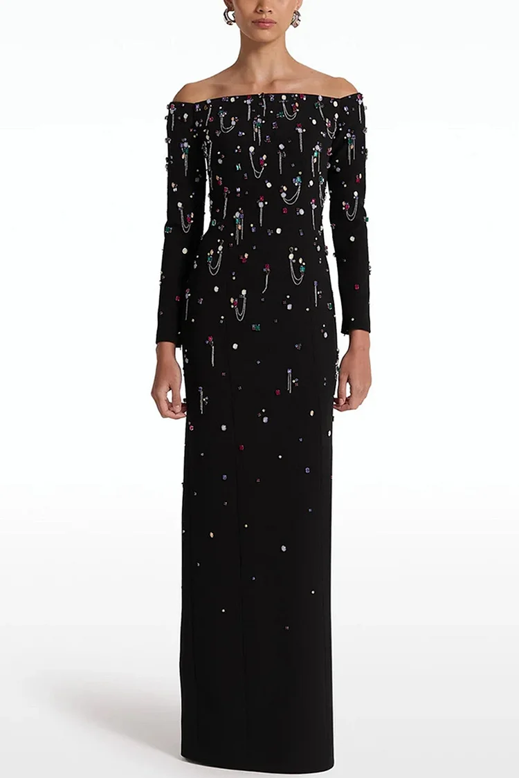 Off Shoulder Long Sleeve Rhinestone Embellished Maxi Dress-Black