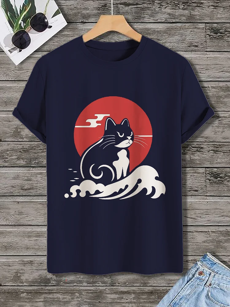 <💯Cotton>Men's Japan Sea Wave Cat Print Cotton Casual T-Shirt