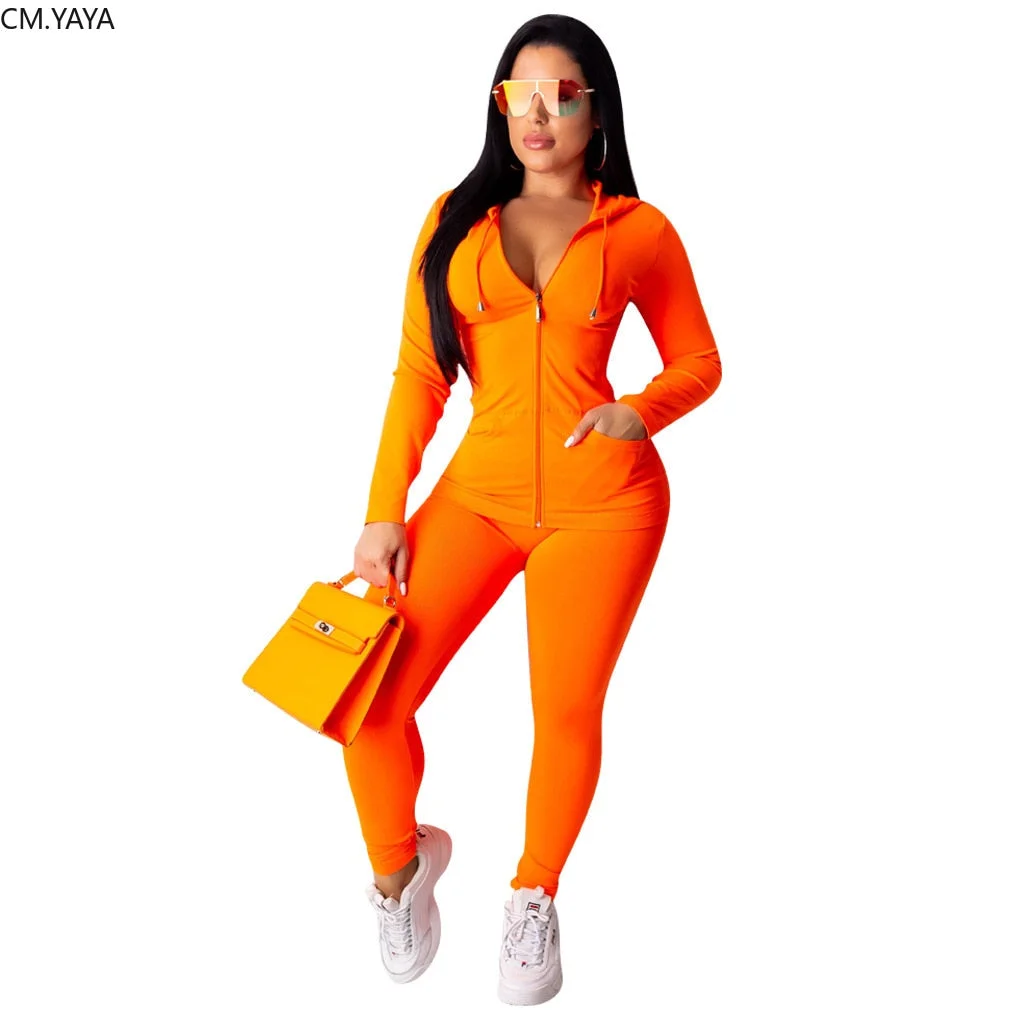 CM.YAYA Autumn Women Solid Zipper Up Long Sleeve Hooded Top Pencil Pants Suit Two Piece Set Casual Sporting Tracksuit Outfit