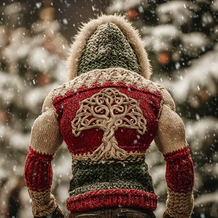 Men's Color Block Tree Of Life Christmas Knitted Hooded Sweater With Fur Collar
