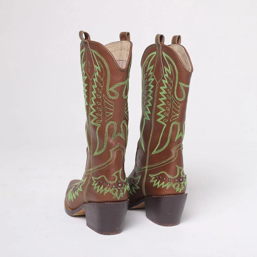 Brown Snip Toe Studded Green Embroidered Cowgirl Boots for Women