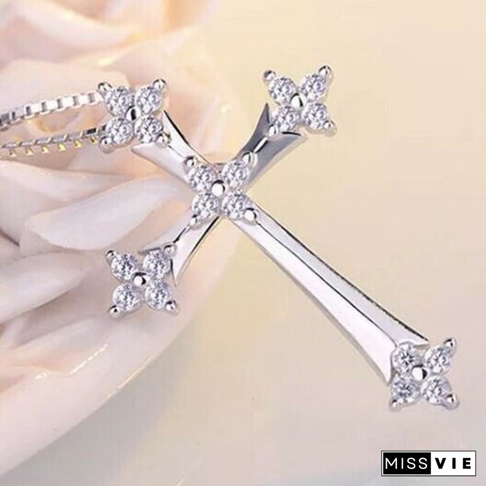 Fashion Cross Crystal Pendant 925 Sterling Silver Chain Necklace Women&rsquo;s Jewelry Luck Necklace Best Gifts