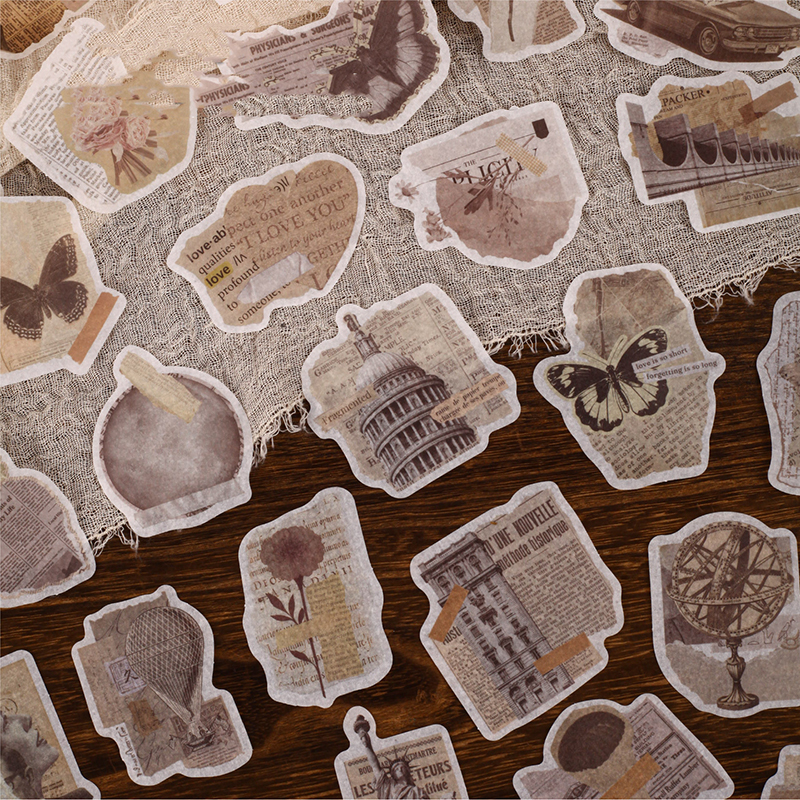 와시 스티커 - 옛 신문 시리즈 빈티지 캐릭터 나비 꽃