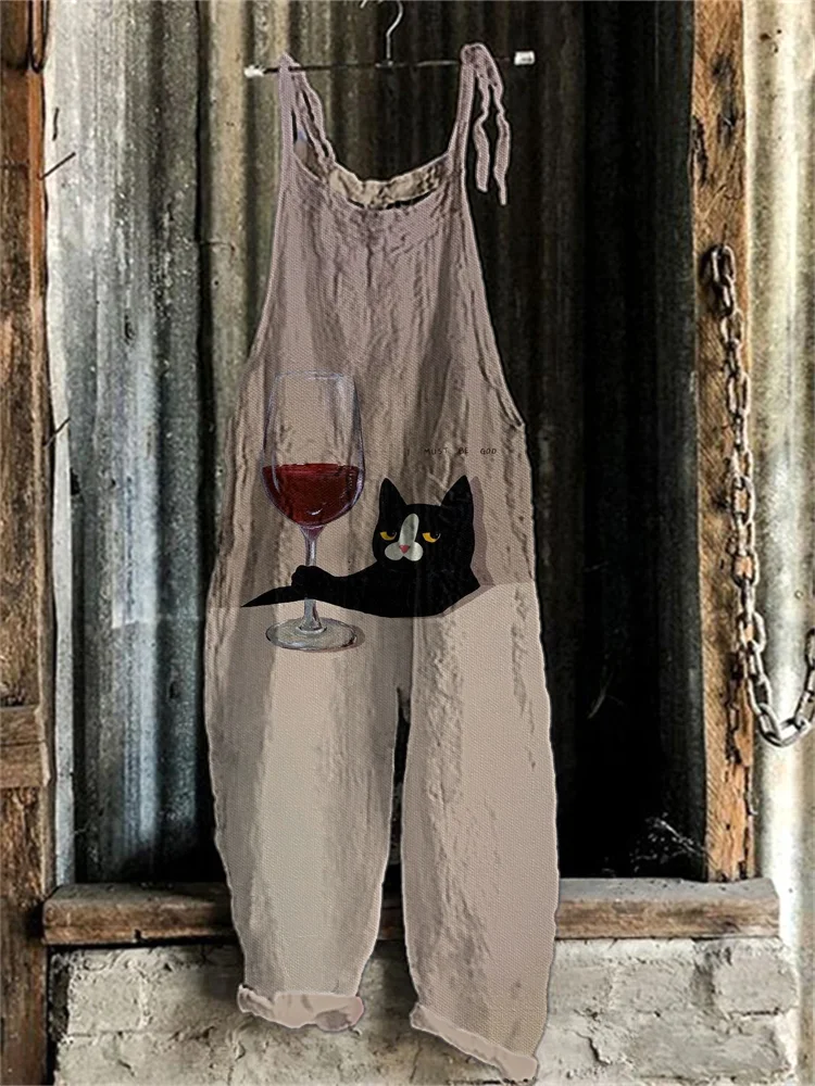 Japanese Art Funny Cats Print Cotton Blend Jumpsuit