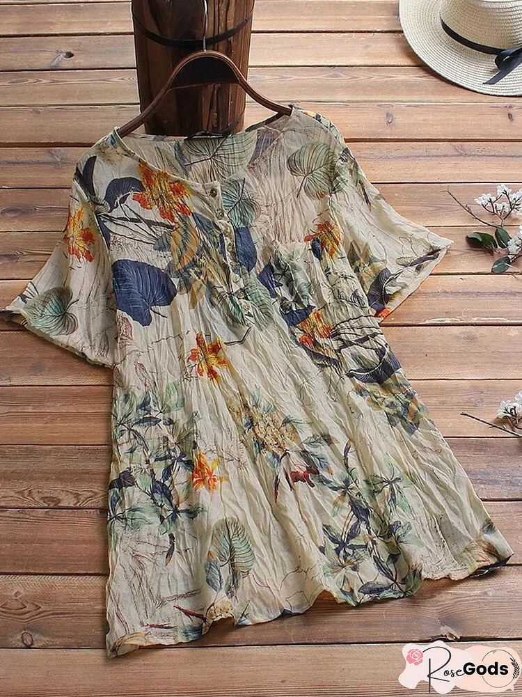 Cotton-Blend Short Sleeve Floral Vintage T-Shirt