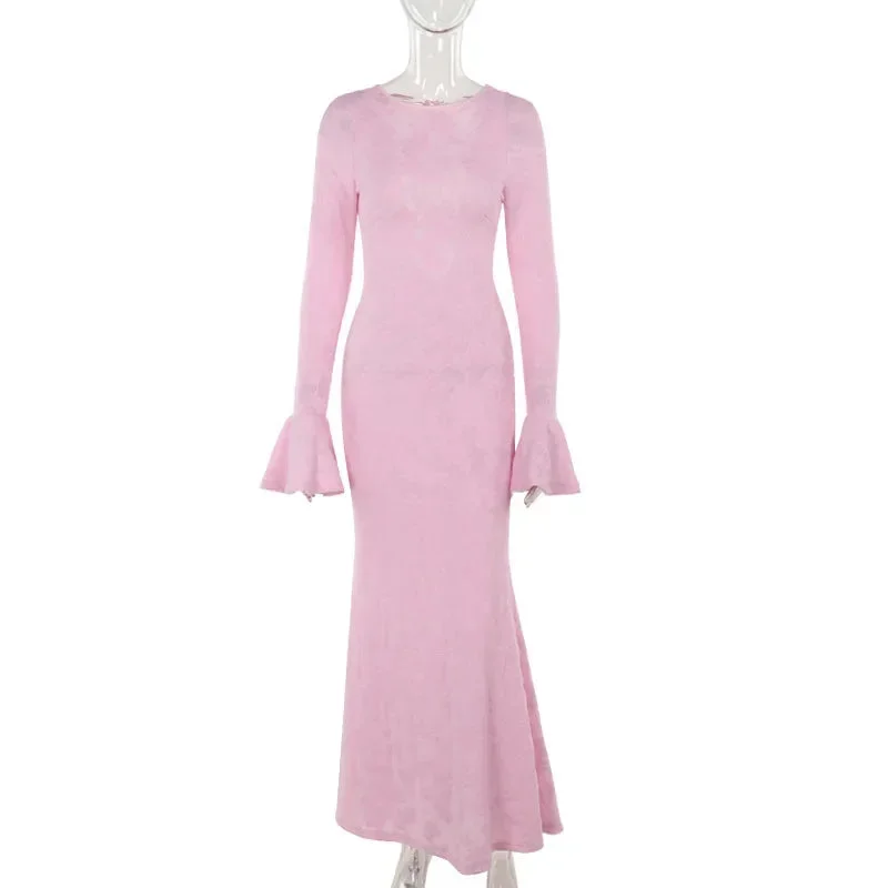 Toloer Pink Long Sleeve Floral Design Maxi Dress-Outfit Ideas