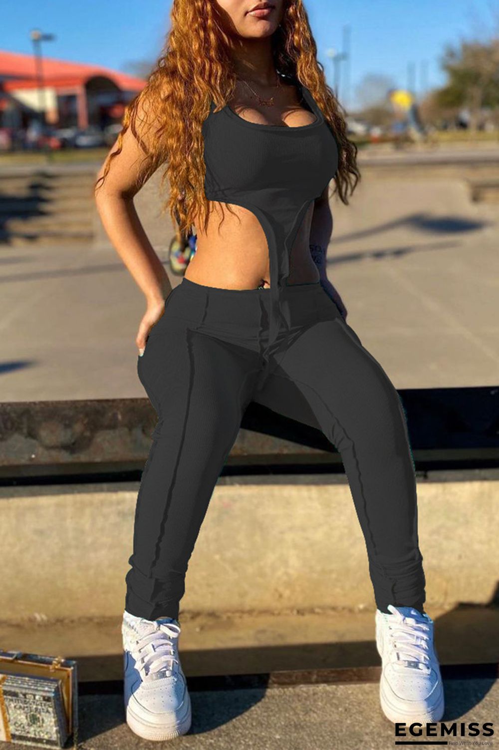 Black Casual Solid Vests Pants U Neck Sleeveless Two Pieces | EGEMISS