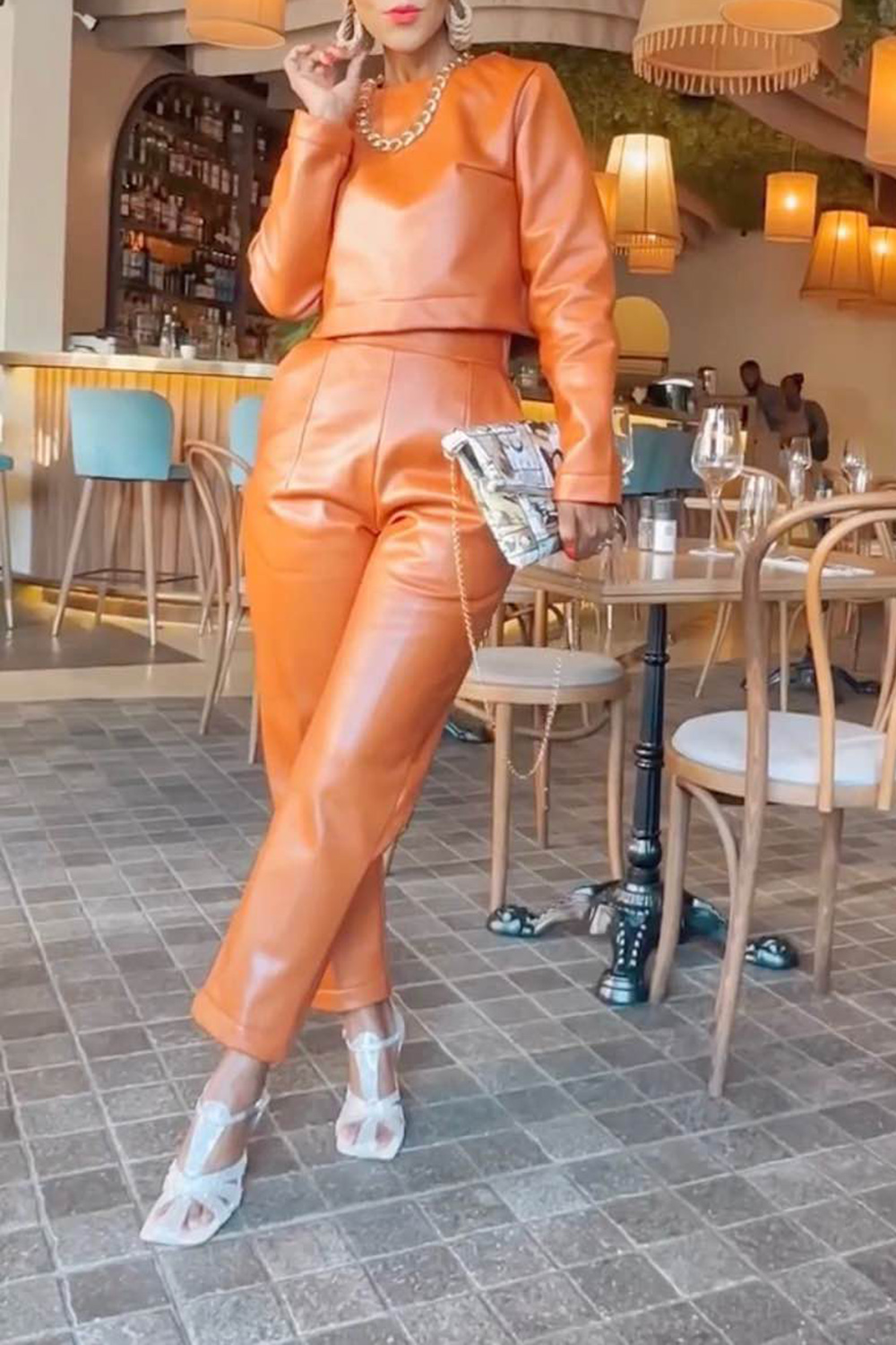 Plus Size Business Casual Pant Set Orange Solid PU Leather Long Sleeve Two Piece Pant Set