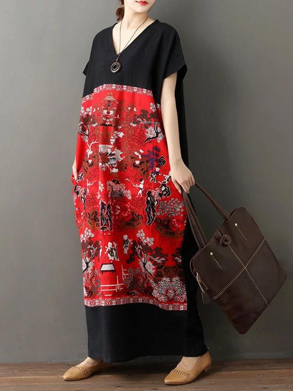 Retro Ethnic Printed Short Sleeve Maxi Dress - yankia