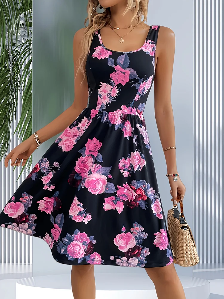 Elegant A-Line Women's Dress | Sleeveless Square Neck Floral Print Pink/Red/Blue/Green) - Machine Washable Spring/Summer Casual & Semi-Formal Wear - Elegance Collection