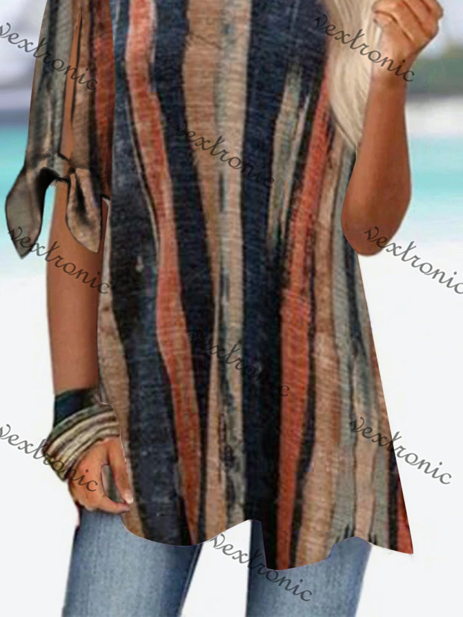 Women's Short Sleeve Scoop Neck Khaki Striped Top