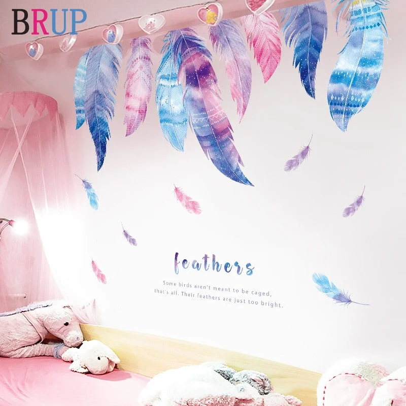 Romantic Feather House Decoration Colorful Plumage Wall Stickers for Kids Room Fashion Home Decor Art PVC Vinyl Wall Decals