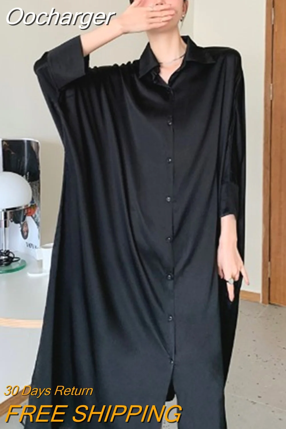 Oocharger 2023 Spring Summer Dresses for Women Black Solid High Fashion Robe Femme Loose Single Breasted Shirt Dress Casual