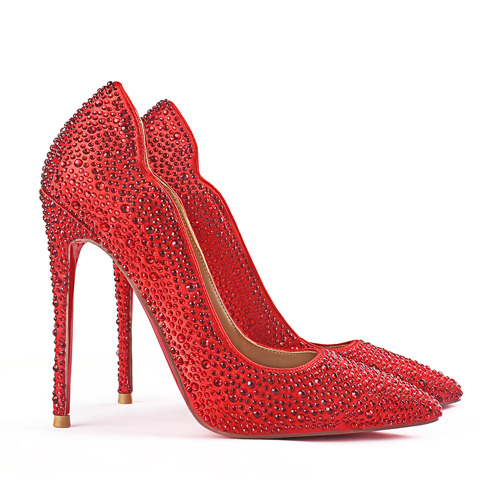 100mm/120mm Women's High Heels Party Wedding Stilettos Patent Red Bottom Rhinestone Pumps-MERUMOTE