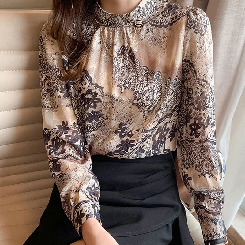 New Elegant Floral Blouse Women Casual Plus Size Stand Collar Female Shirts Long Sleeve Printing Ladies Clothing Blusas 13089