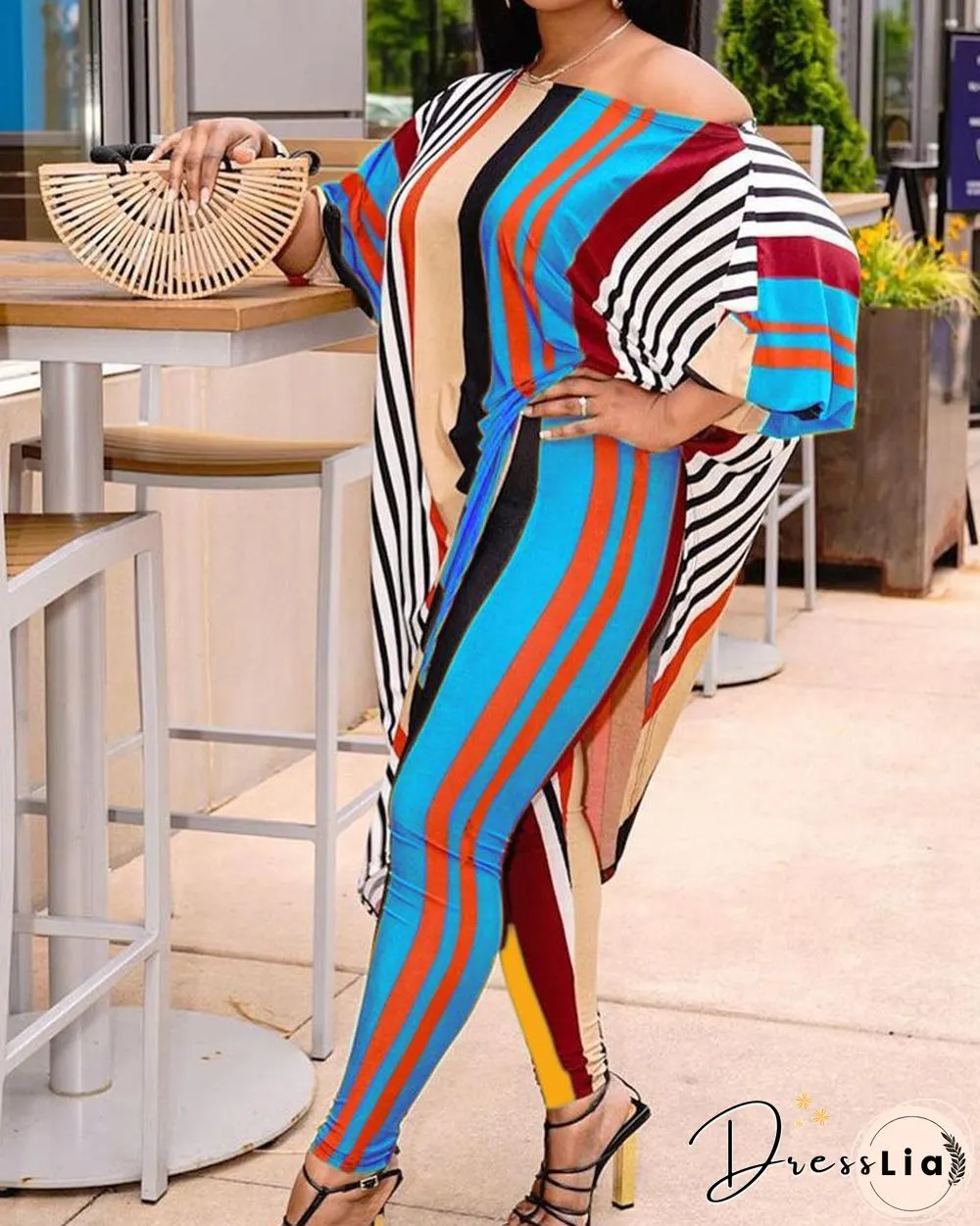 Color Block Striped Long Sleeve Blouse With Pants Suit Sets
