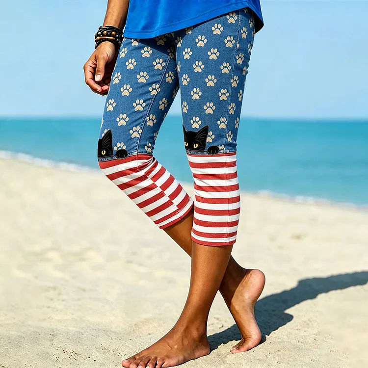 Women's Independence Day Ctue Black Cat Print Casual Leggings