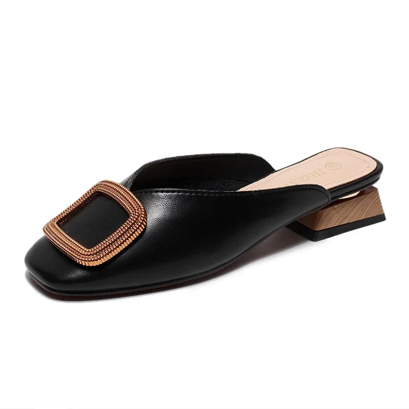 Luxury Designer Women Mules Pumps Sexy Buckle Wooden Block Heel Elegant Ladies Office Casual Shoes Party Women Slippers