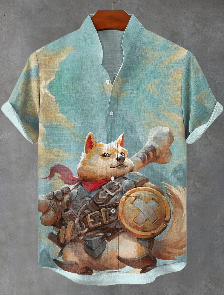 Men's Western Corgi Dog Art Print Short Sleeve Linen Blend Casual Shirt