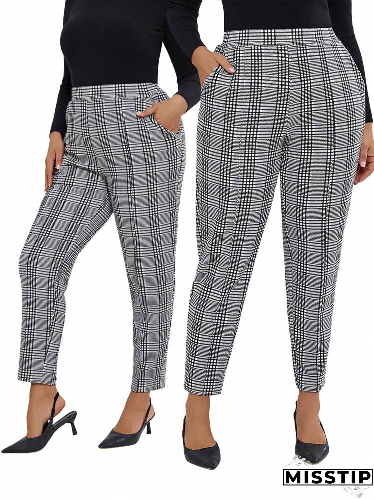 Plus Size Autumn Casual Vintage Plaid Angled Pocket Tapered Pants