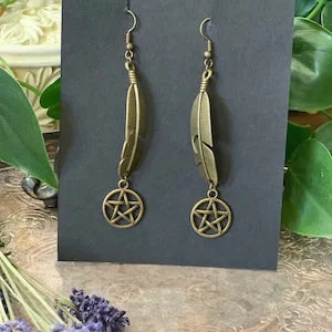 pornhint Pornhint Brass Feather Pentacle Earrings - Goth - Pagan - Witchy - Warrior - Nature- Alternative - Mystical Twists -Hypoallergenic