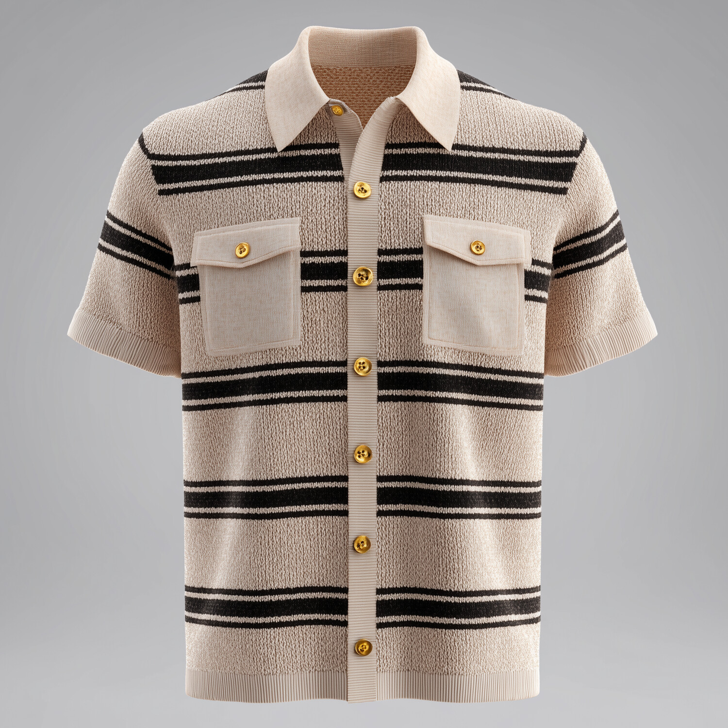 Men's Black Striped Knit Gold Buttons Flap Pocket Short Sleeve Shirt