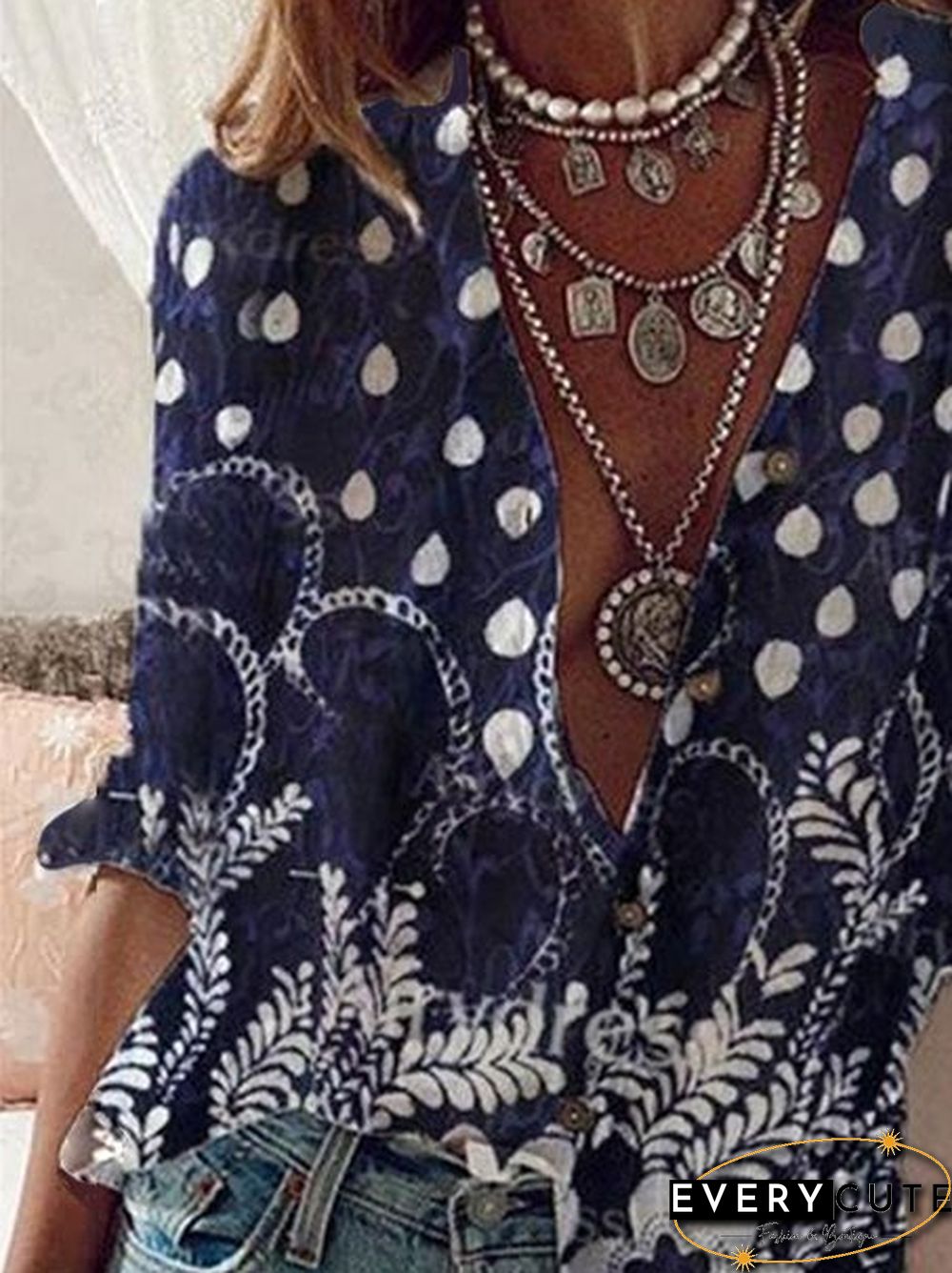 Casual Floral Cotton 3/4 Sleeve Blouse