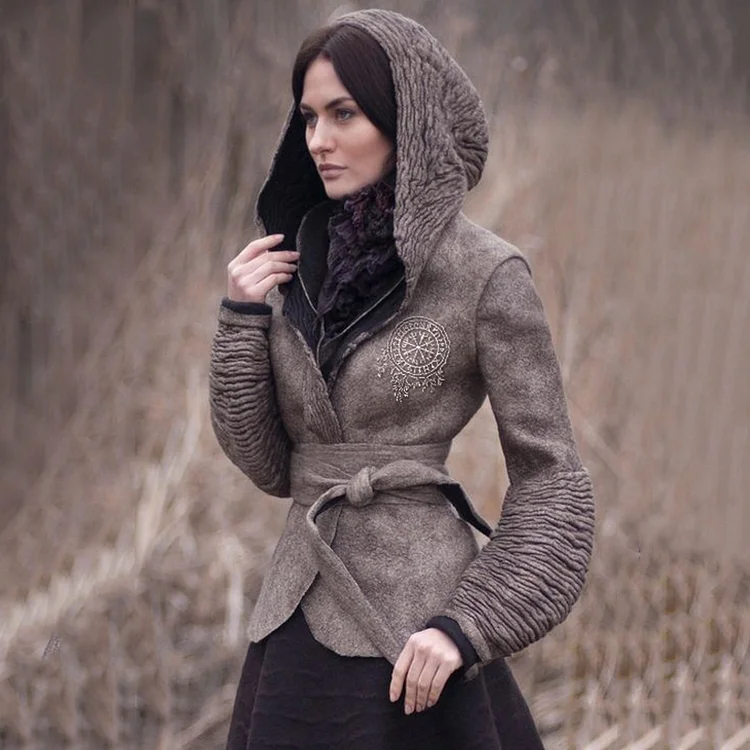 Women's Bark Wrinkled Viking Compass Printed Hooded Cardigan