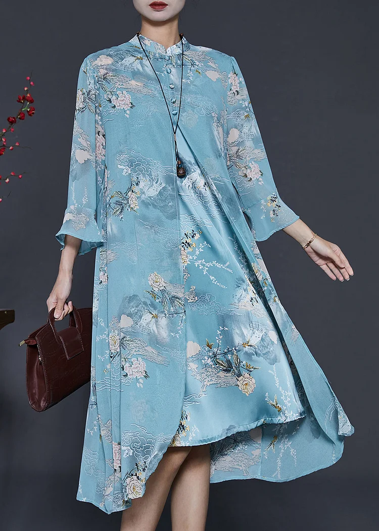 French Dress Chiffon Halter Type Blue High-Waist Temperament Printed Dress