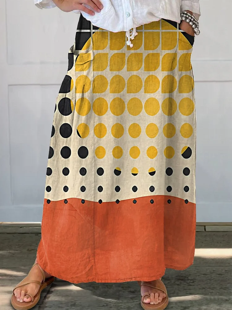 Women's Bohemian Color Block Abstract Art Linen Pocket Skirt