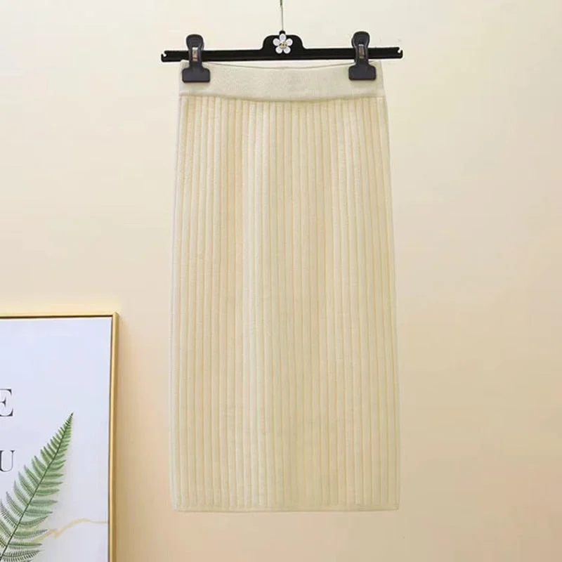 Zoki Winter Women Sweater Skirt New 2021 Knitted Midi Skirts Korean Elastic High Waist Elegant Autumn Split Fork Black Faldas