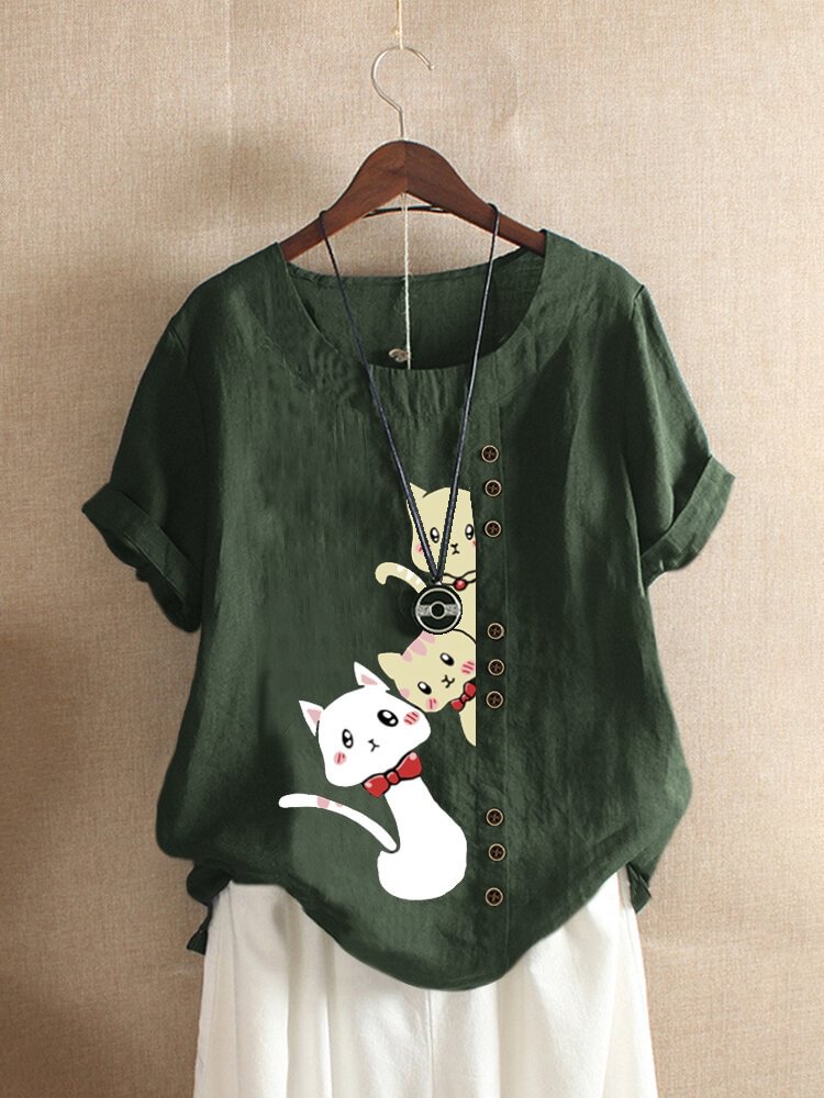 Cartoon Cat Printed Short Sleeve Button T shirt For Women P1670134
