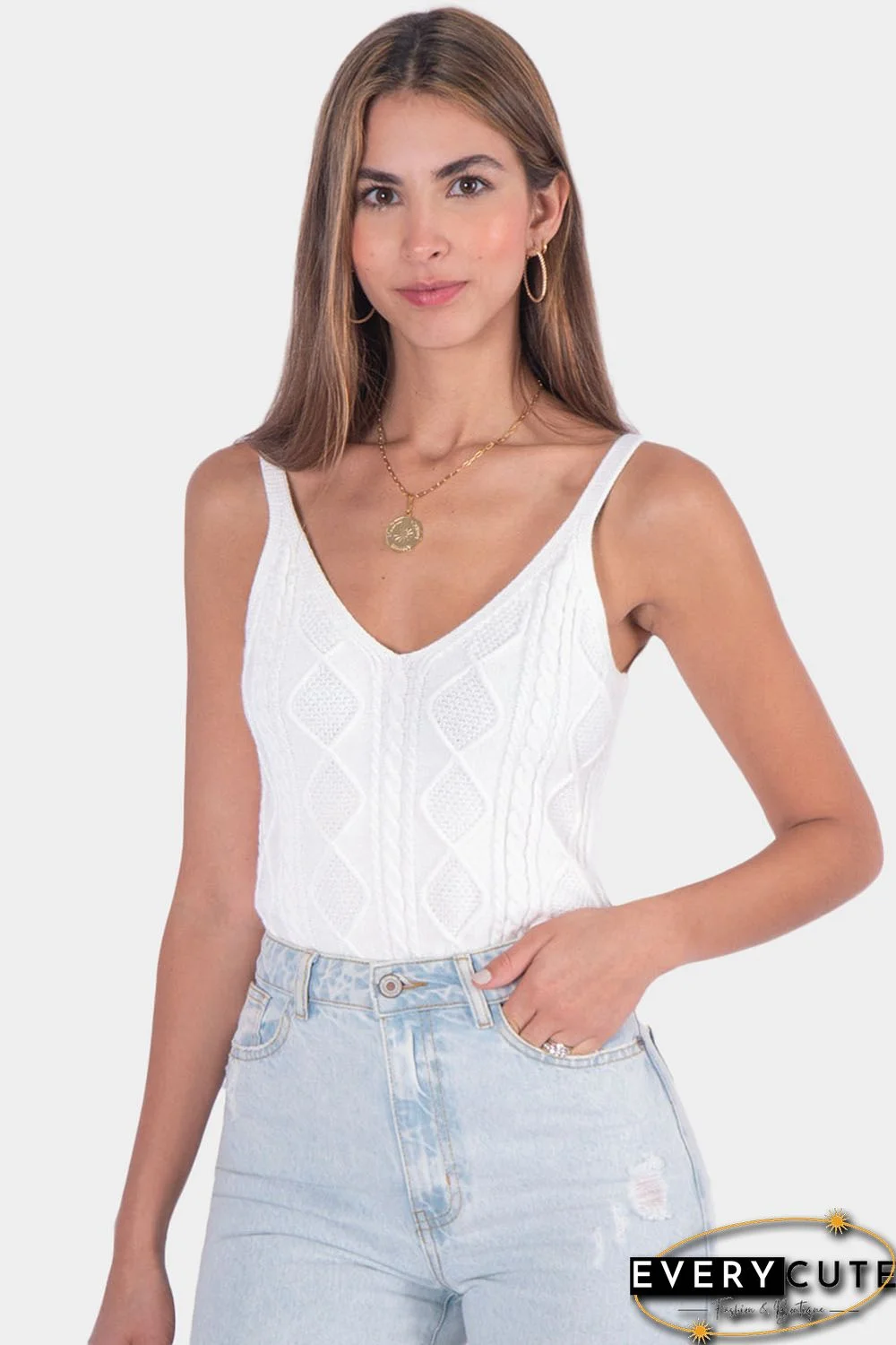White Geometric Cable Knit Textured Tank Top