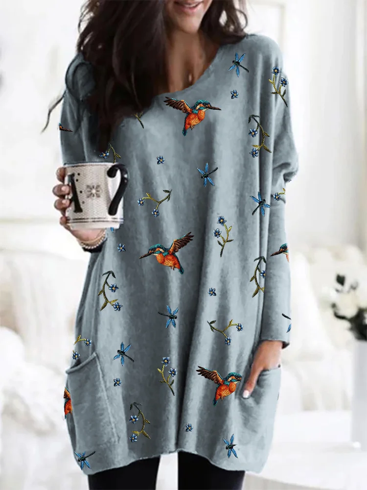 Wearshes Hummingbirds Floral Embroidery Pattern Cozy Tunic