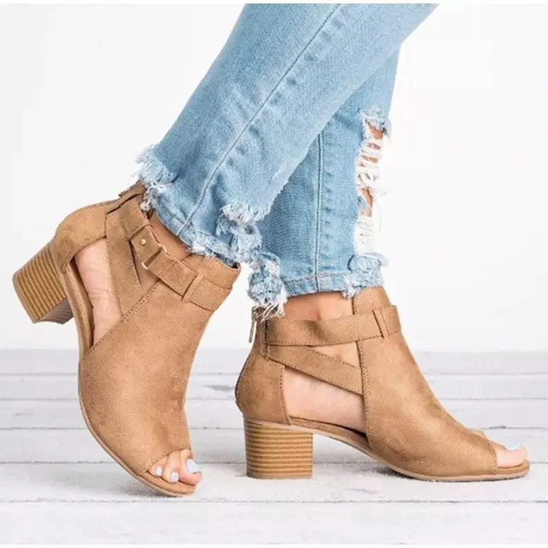 Yyvonne Spring And Summer New Thick Heel High-Heeled Sandals Women's Large-Size Hollow Women's Shoes Zippered Women's Sandals